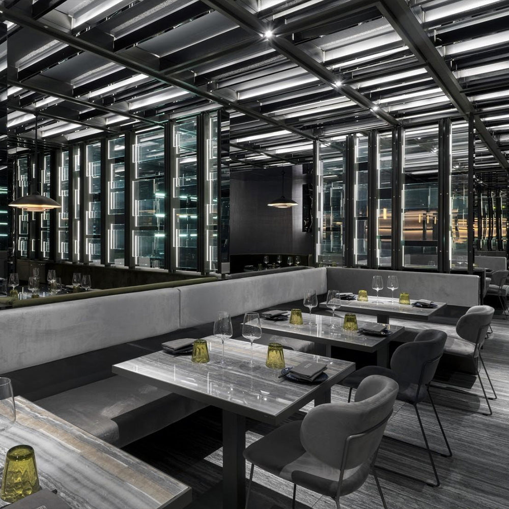 HUALIN Luxurious sintered stone dining tables, solid wood dining tables, dining chairs and comfortable booths. Customizable materials, colors and sizes