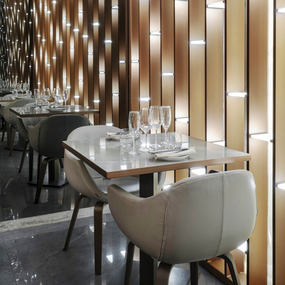 HUALIN Luxurious sintered stone dining tables, solid wood dining tables, dining chairs and comfortable booths. Customizable materials, colors and sizes