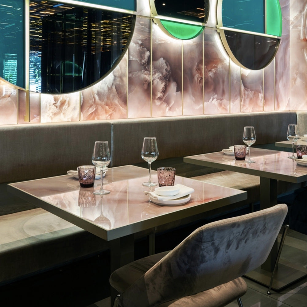 HUALIN Luxurious sintered stone dining tables, solid wood dining tables, dining chairs and comfortable booths. Customizable materials, colors and sizes