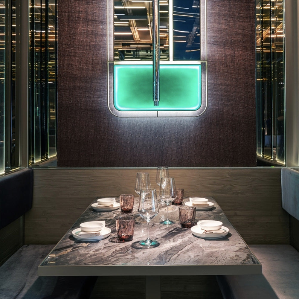HUALIN Luxurious sintered stone dining tables, solid wood dining tables, dining chairs and comfortable booths. Customizable materials, colors and sizes