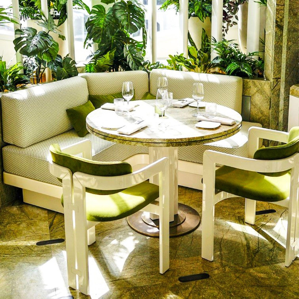 HUALIN Luxurious sintered stone dining tables, solid wood dining tables, dining chairs and comfortable booths. Customizable materials, colors and sizes