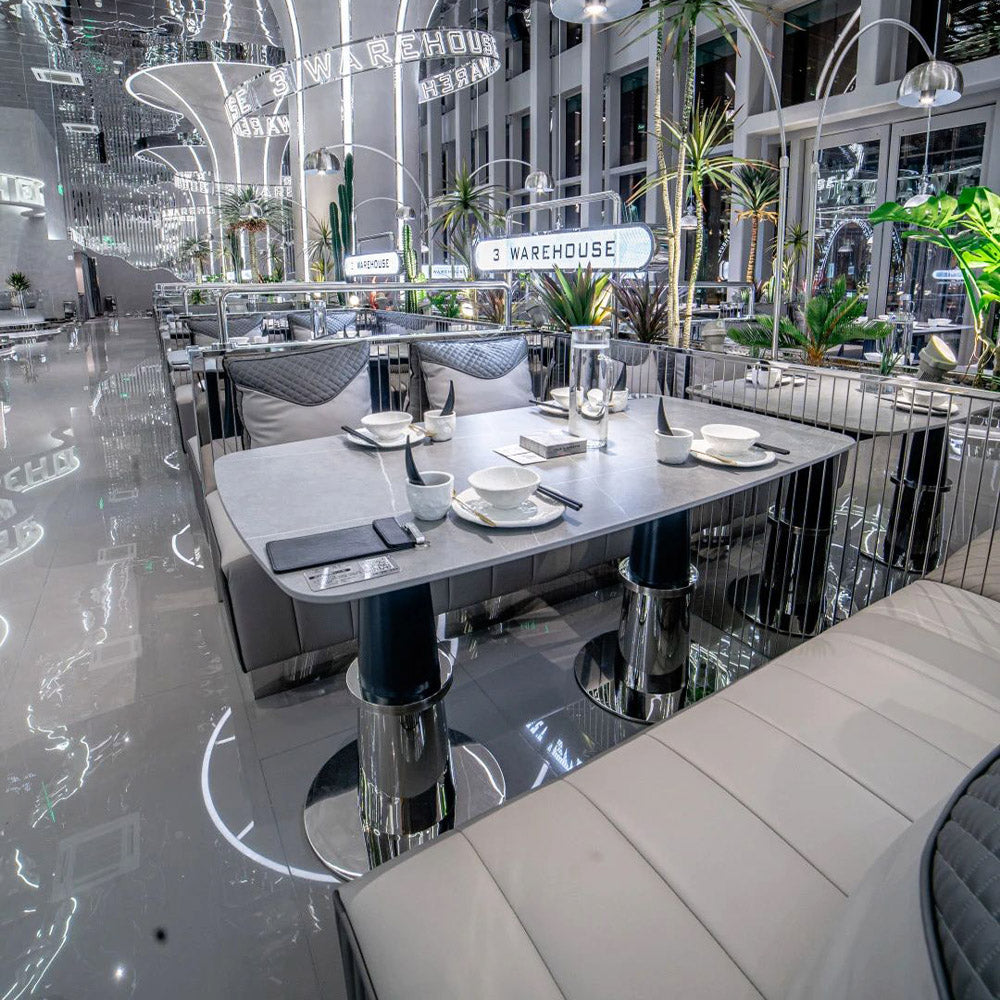 HUALIN Luxurious sintered stone dining tables, solid wood dining tables, dining chairs and comfortable booths. Customizable materials, colors and sizes