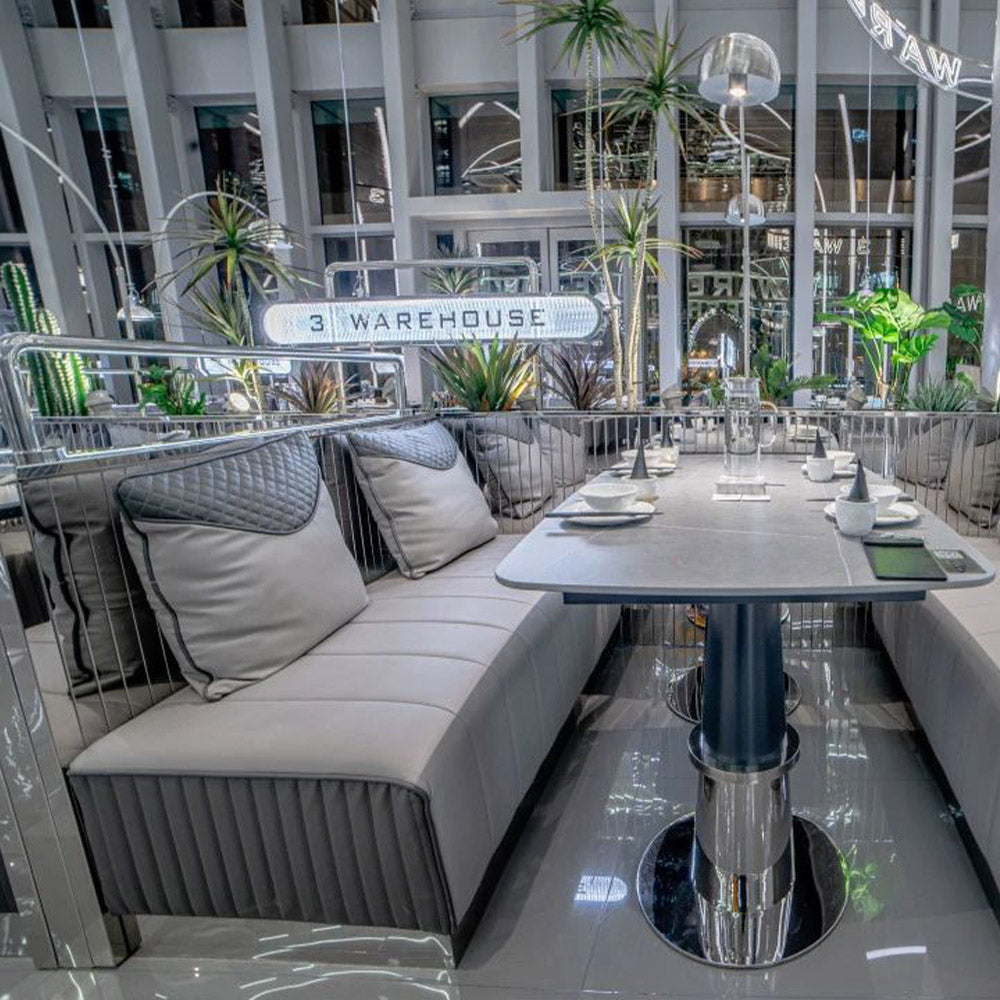 HUALIN Luxurious sintered stone dining tables, solid wood dining tables, dining chairs and comfortable booths. Customizable materials, colors and sizes
