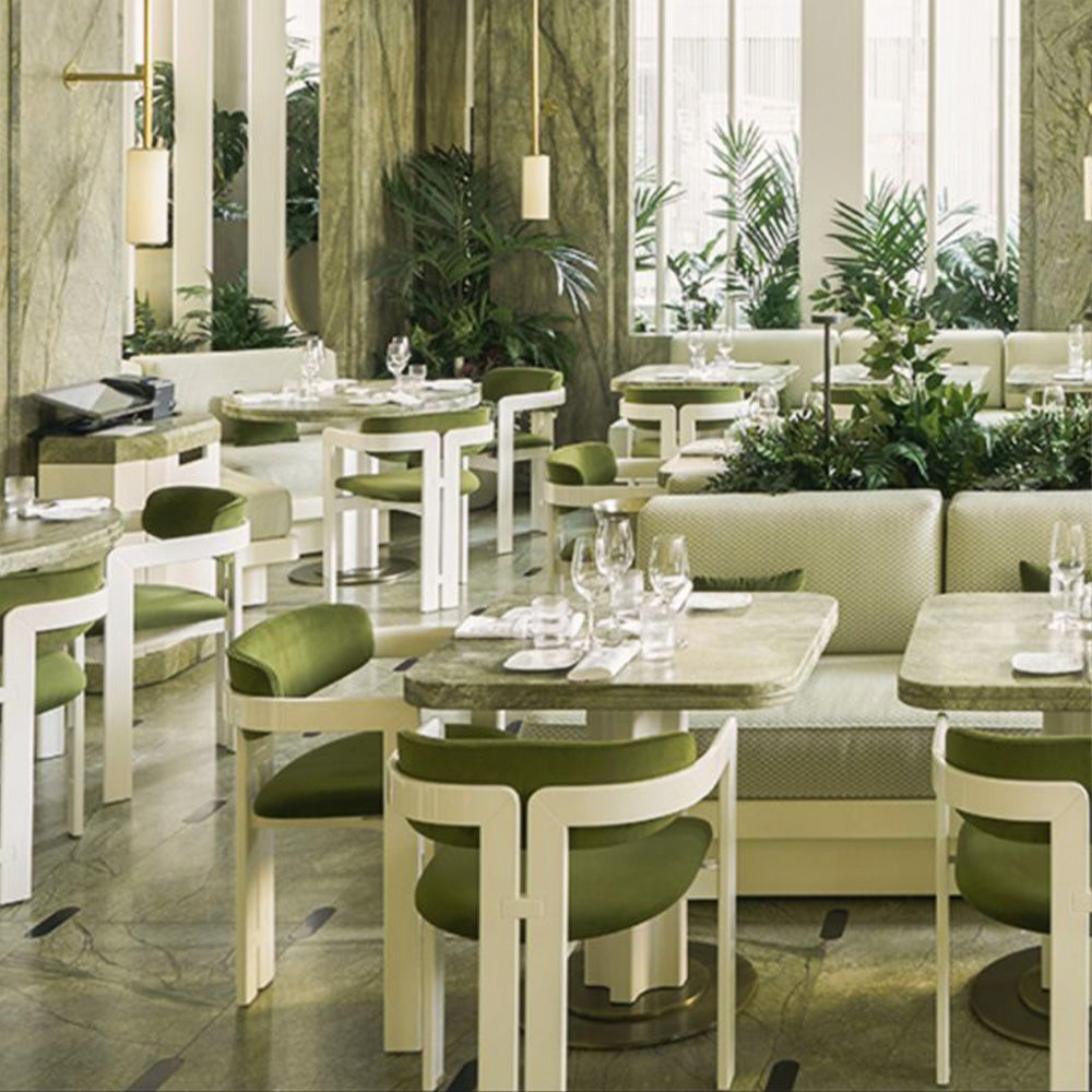 HUALIN Luxurious sintered stone dining tables, solid wood dining tables, dining chairs and comfortable booths. Customizable materials, colors and sizes