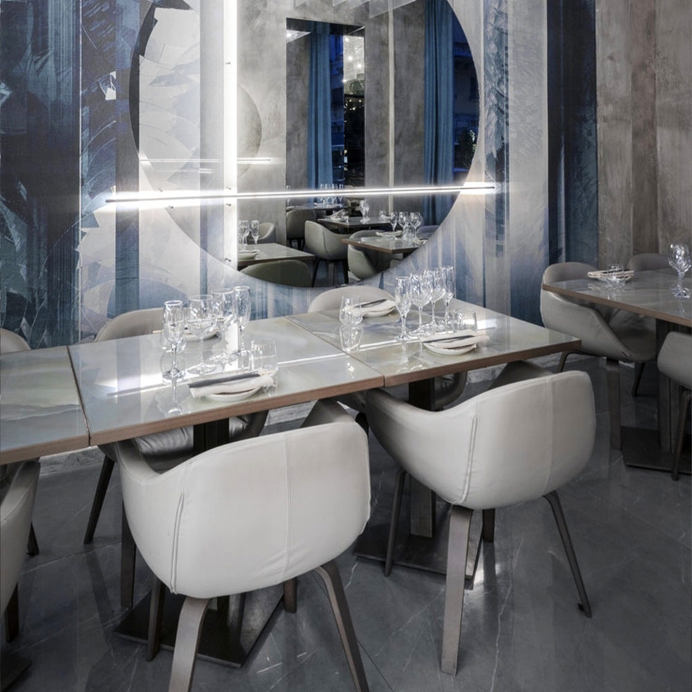 HUALIN Luxurious sintered stone dining tables, solid wood dining tables, dining chairs and comfortable booths. Customizable materials, colors and sizes