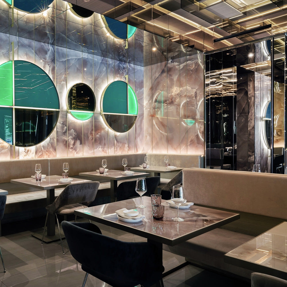 HUALIN Luxurious sintered stone dining tables, solid wood dining tables, dining chairs and comfortable booths. Customizable materials, colors and sizes
