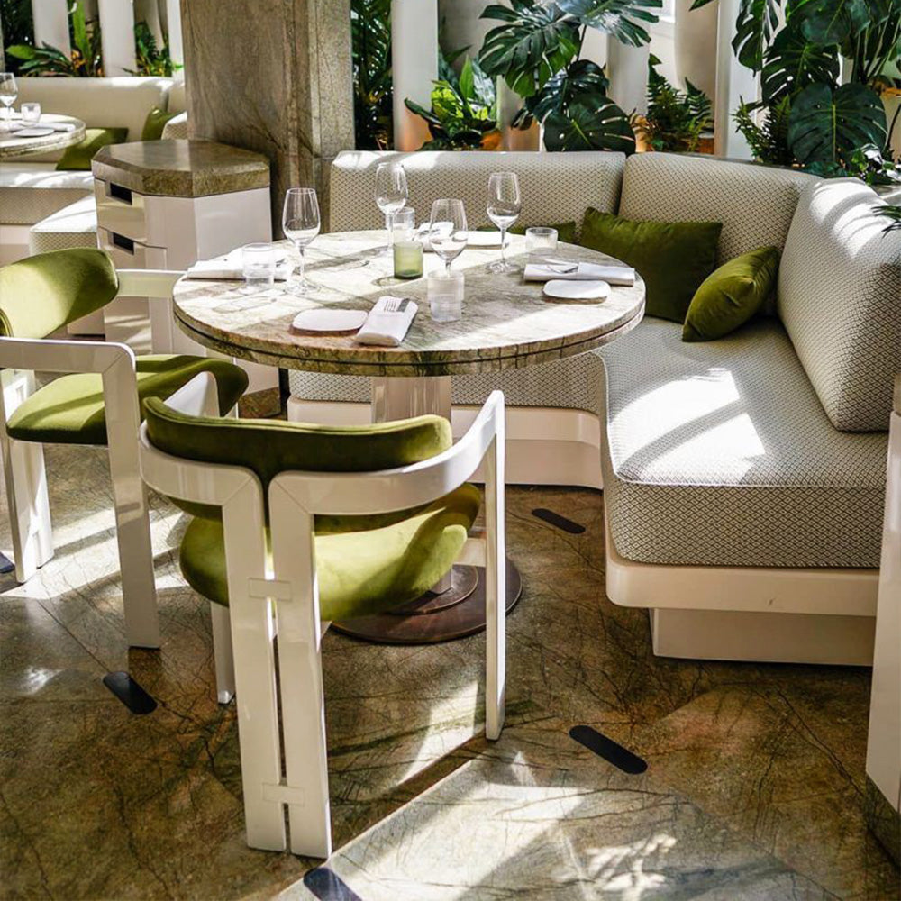 HUALIN Luxurious sintered stone dining tables, solid wood dining tables, dining chairs and comfortable booths. Customizable materials, colors and sizes