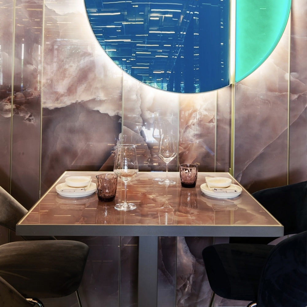 HUALIN Luxurious sintered stone dining tables, solid wood dining tables, dining chairs and comfortable booths. Customizable materials, colors and sizes