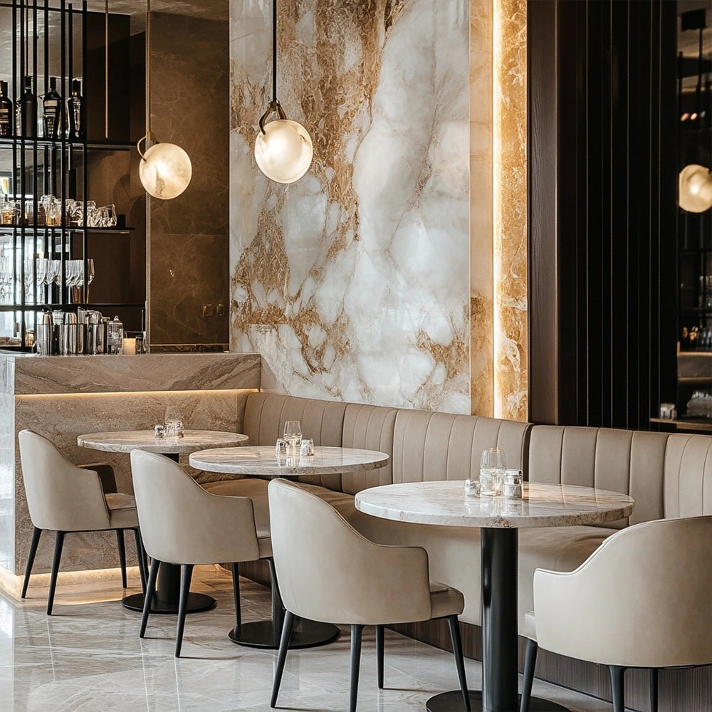 HUALIN Luxurious sintered stone dining tables, solid wood dining tables, dining chairs and comfortable booths. Customizable materials, colors and sizes