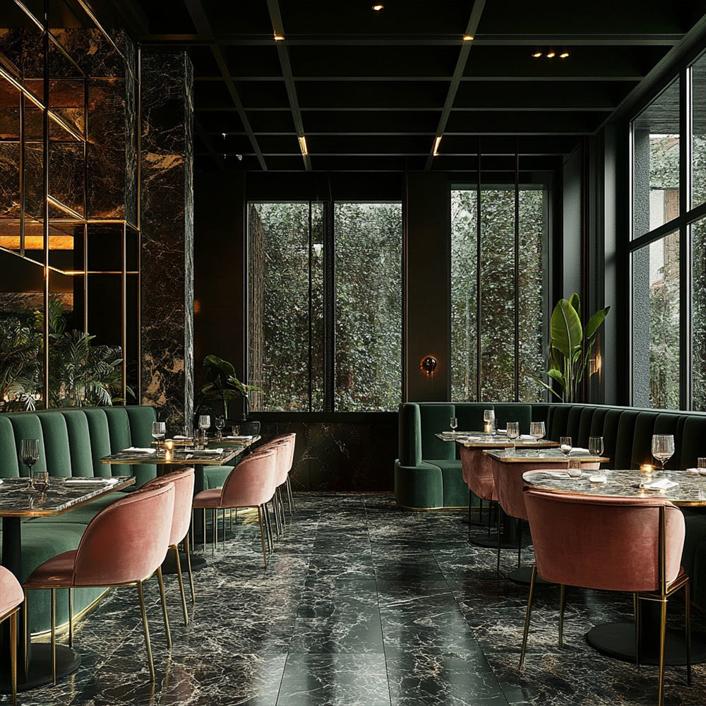 HUALIN Luxurious sintered stone dining tables, solid wood dining tables, dining chairs and comfortable booths. Customizable materials, colors and sizes