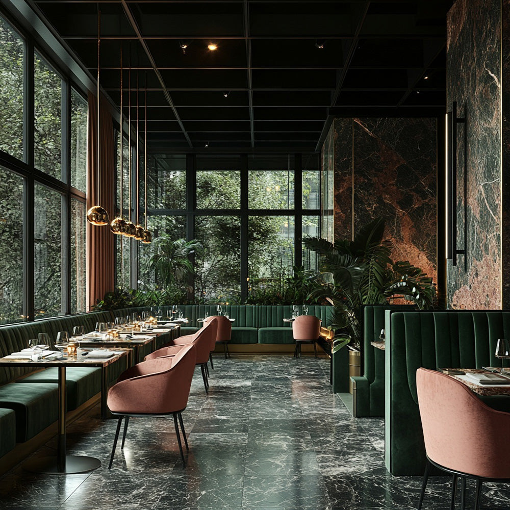 HUALIN Luxurious sintered stone dining tables, solid wood dining tables, dining chairs and comfortable booths. Customizable materials, colors and sizes