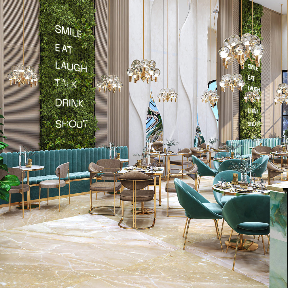 HUALIN Luxurious sintered stone dining tables, solid wood dining tables, dining chairs and comfortable booths. Customizable materials, colors and sizes