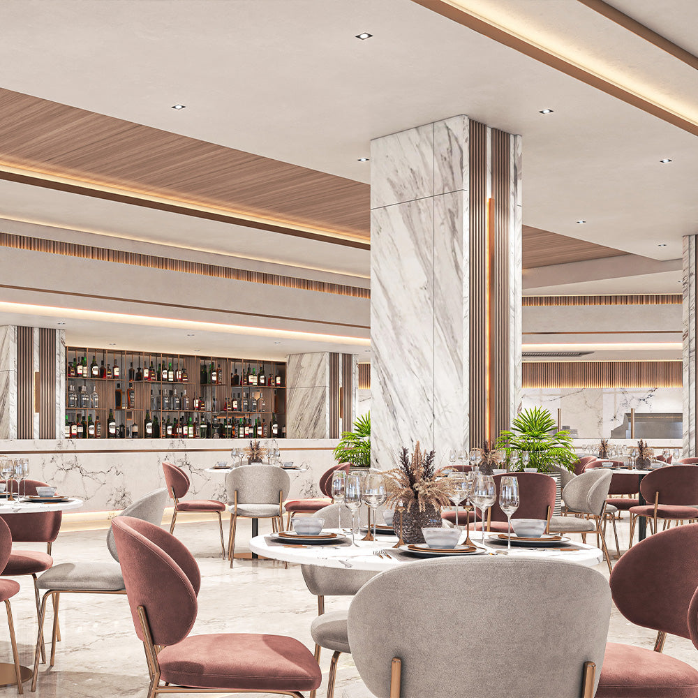 HUALIN Luxurious sintered stone dining tables, solid wood dining tables, dining chairs and comfortable booths. Customizable materials, colors and sizes