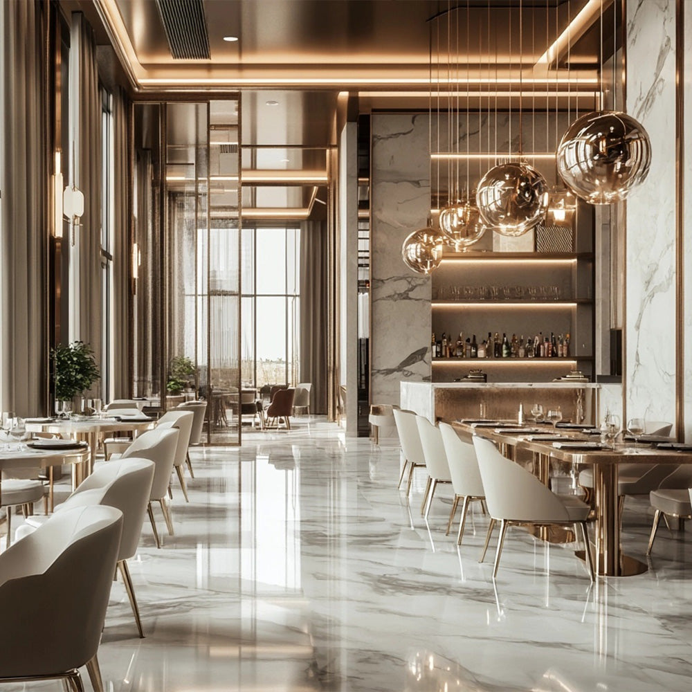 HUALIN Luxurious sintered stone dining tables, solid wood dining tables, dining chairs and comfortable booths. Customizable materials, colors and sizes