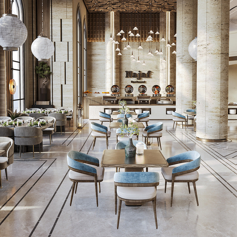 HUALIN Luxurious sintered stone dining tables, solid wood dining tables, dining chairs and comfortable booths. Customizable materials, colors and sizes